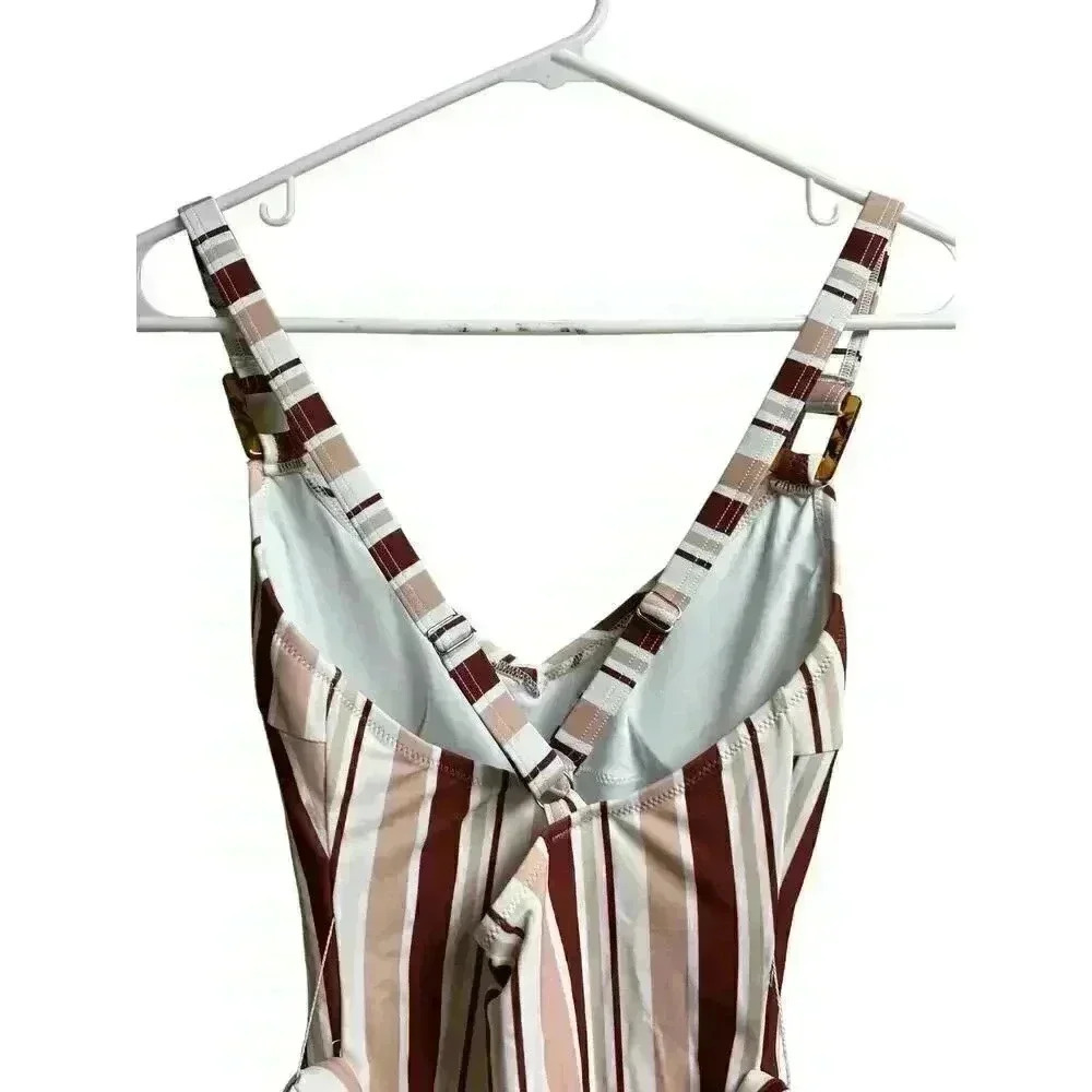 Cupshe Women's One Piece Swimsuit V-neck Striped Belted Medium New - Picture 8 of 9